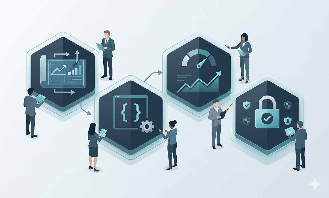Ilustración isométrica: equipo de ingeniería colaborando en planificación, desarrollo, optimización y seguridad.